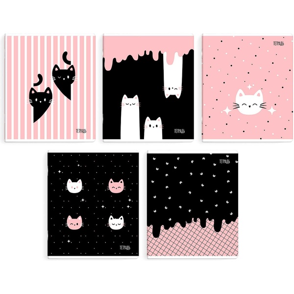Тетрадь А5, клетка, 48 л., на скобе, 60 г/м², мат. лам., Феникс+ Розовые коты_5 дизайнов Акция!