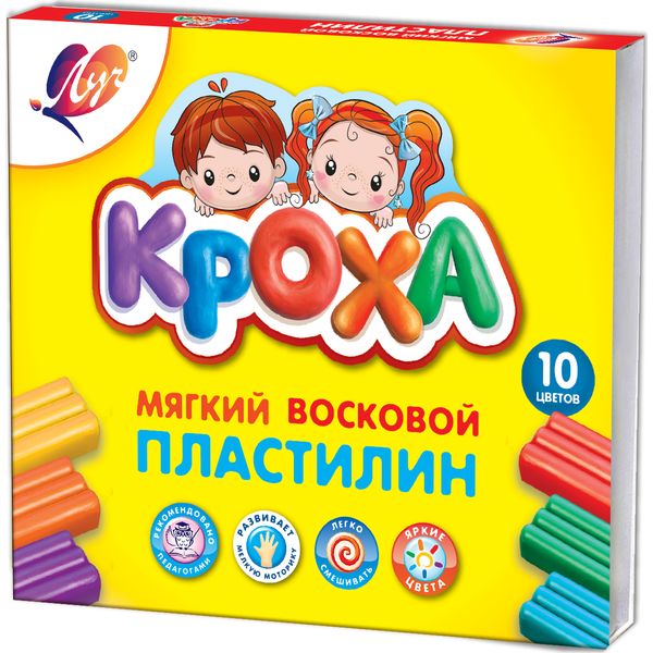 Пластилин восковой ЛУЧ Кроха: 10 цветов, брусок 15 г, стек (к/к)