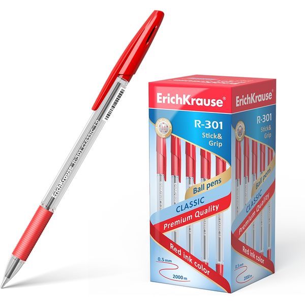 Ручка шариковая красная, 1.0 мм, эрг. грип, ErichKrause R-301 Stick&Grip Classic