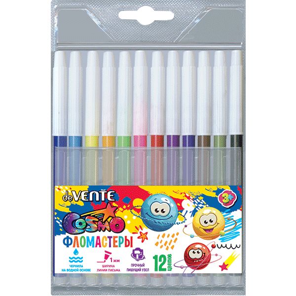 Фломастеры 12 цветов, чернила в/о, бел. вент. колпачок, круг. корп., ШЛ 1 мм, deVENTE Cosmo (пвх)