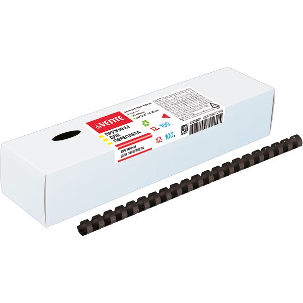 Пружина для переплета пластиковая, D12 мм, круглая, сшивает до 80 л., черная, 100 шт/уп, deVENTE