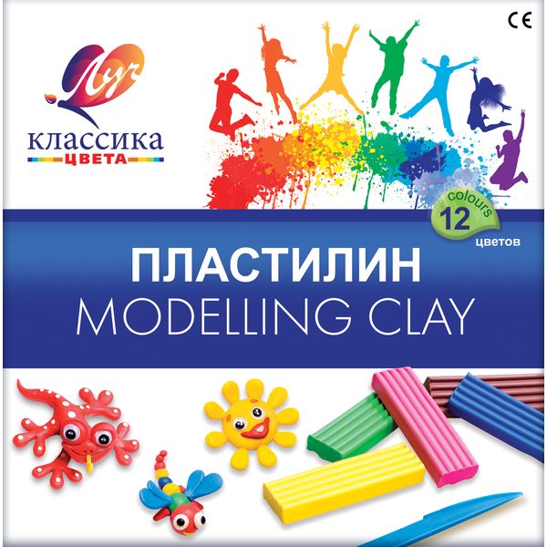 Пластилин классический ЛУЧ Классика цвета: 12 цветов, брусок 20 г, стек (к/к)