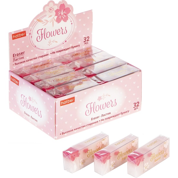 Ластик Hatber Flowers, Eco-PVC, прямоугольный, 53*21*12 мм, PP обертка Ластик Hatber Flowers, Eco-PVC, прямоугольный, 53*21*12 мм, PP обертка
