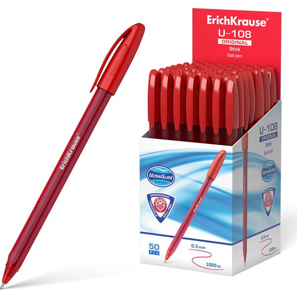 Ручка шариковая красная, 1.0 мм "игла", рифл. упор, тон. корп., ErichKrause U-108 Stick Original