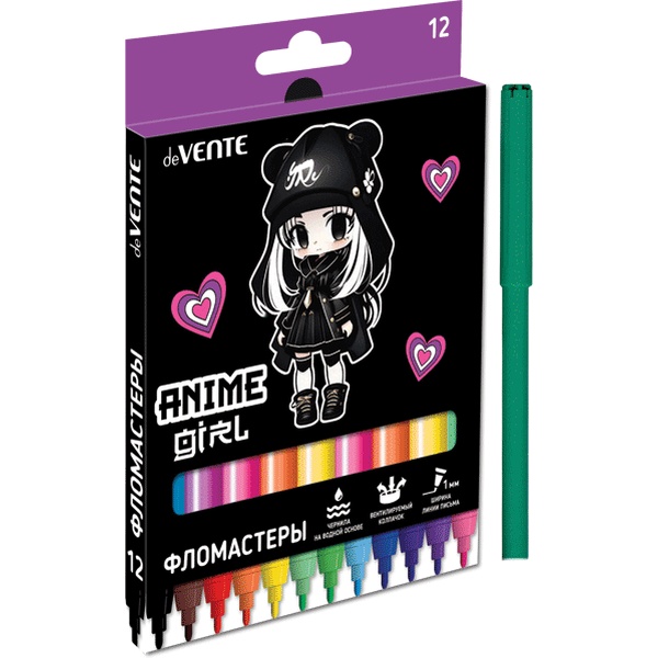 Фломастеры 12 цветов deVENTE Anime Girl, чернила на в/о, 1.0 мм, вентилируемый колпачок, к/коробка Фломастеры 12 цветов deVENTE Anime Girl, чернила на в/о, 1.0 мм, вентилируемый колпачок, к/коробка