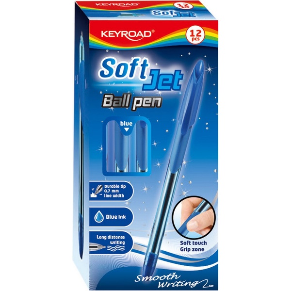 Ручка шариковая синяя, 0.7 мм, эрг. грип, тон. корп., KEYROAD Soft Jet
