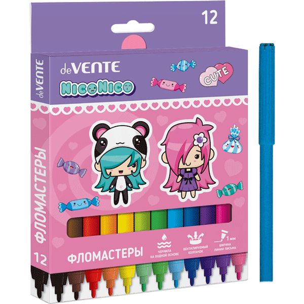 Фломастеры 12 цветов, чернила в/о, вент. колпачок, круг. корп., ШЛ 1 мм, deVENTE  NicoNico:) (к/к)