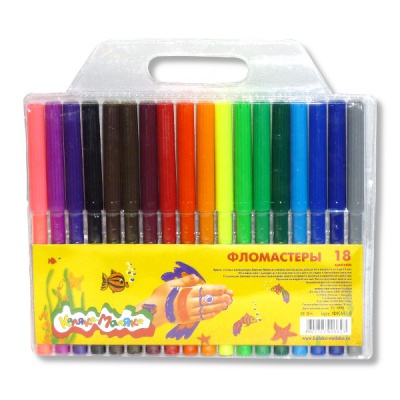 Фломастеры 18 цветов, чернила в/о, вент. колпачок, круг. корп., КАЛЯКА-МАЛЯКА (пвх конверт)