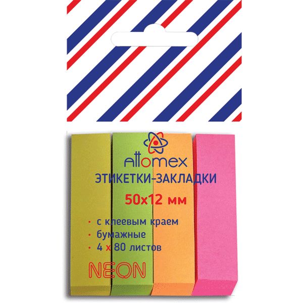Закладки бумажные с клеевым краем, 12*50 мм, 4*80 л., неоновые, 4 цвета, Attomex  Закладки бумажные с клеевым краем, 12*50 мм, 4*80 л., неоновые, 4 цвета, Attomex