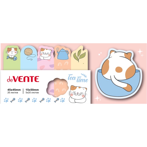 Закладки бумажные с клеевым краем, 45*45 мм/15*50 мм, 6*20 л., 80 г/м², микс форм, deVENTE Lazy cat  Акция!