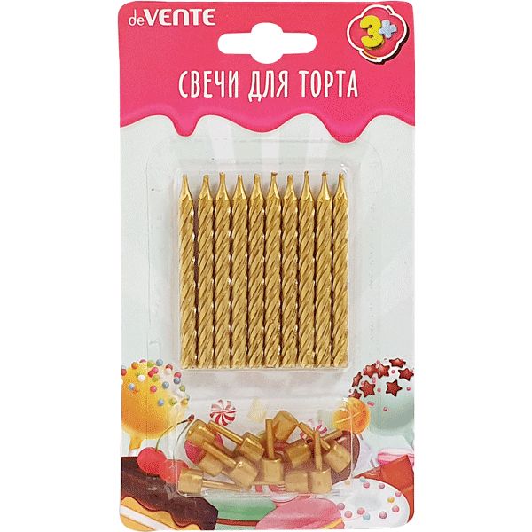 Свечи для торта 10 шт., 10 держателей, deVENTE Gold (спиральные) Свечи для торта 10 шт., 10 держателей, deVENTE Gold (спиральные)