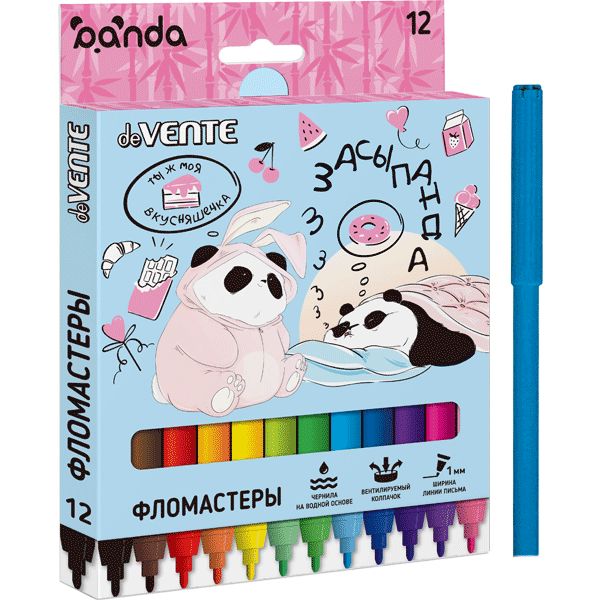 Фломастеры 12 цветов, чернила в/о, вент. колпачок, круг. корп., ШЛ 1 мм, deVENTE Panda (к/к)