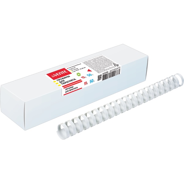 Пружина для переплета пластиковая, Ø19 мм, круглая, сшивает до 160 л., белая, 100 шт/уп, deVENTE