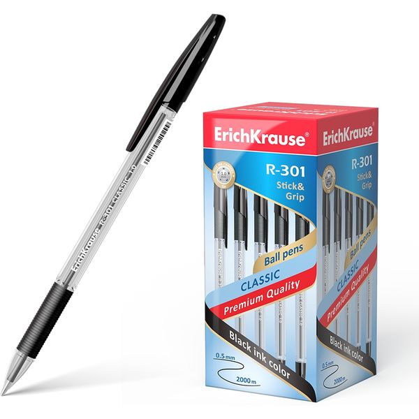 Ручка шариковая черная, 1.0 мм, эрг. грип, ErichKrause R-301 Stick&Grip Classic