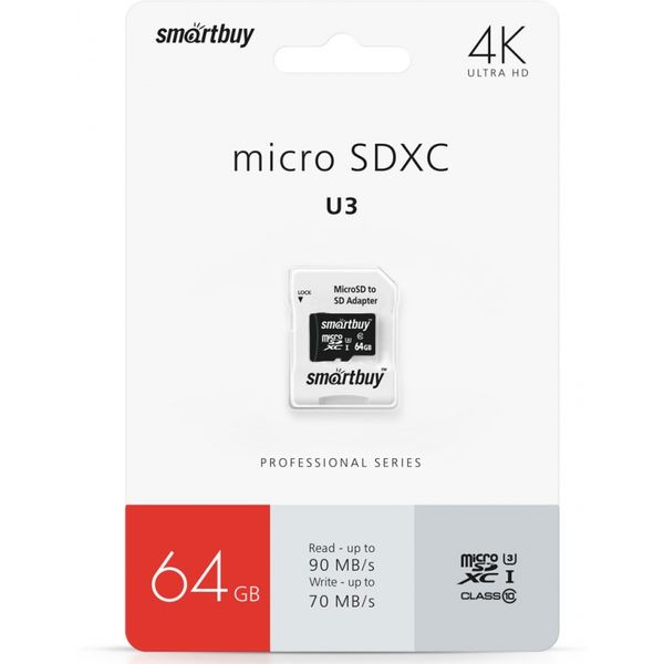 Карта памяти micro SDXC 64 Гб, U3 V30 A1 (class 10), R/W: 90/70 Мб/с, 4K UltraHD, адаптер, Smartbuy Pro