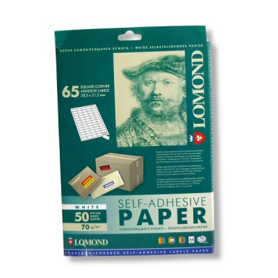 Бумага самоклеящаяся универсальная, А4, 65 шт. (38*21.2 мм), 70 г/м², 50 л., матовая, белая, LOMOND