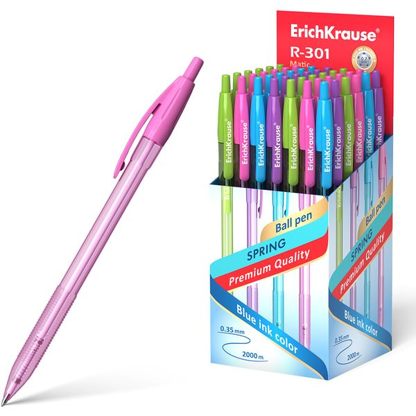Ручка шариковая автомат., синяя, 0.7 мм, рифл. упор, тон. корп., ErichKrause R-301 Matic Spring_4 дизайна
