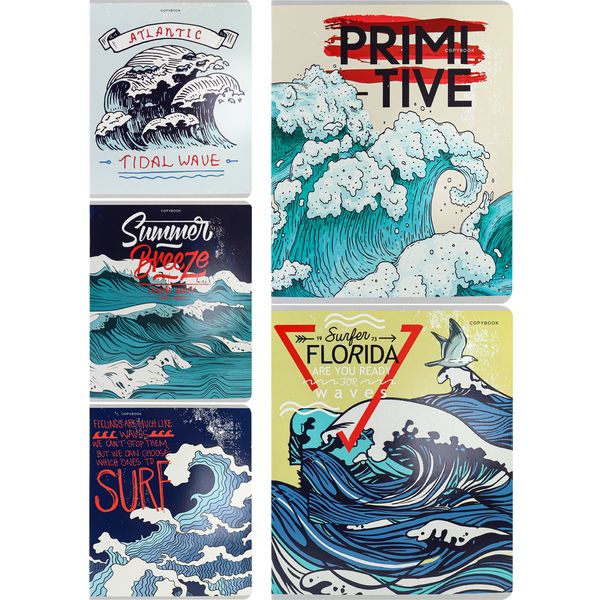 Тетрадь А5, клетка, 48 л., на скобе, 65 г/м², выб. лак "пена", с/уг, Collezione Морская пена_5 дизайнов