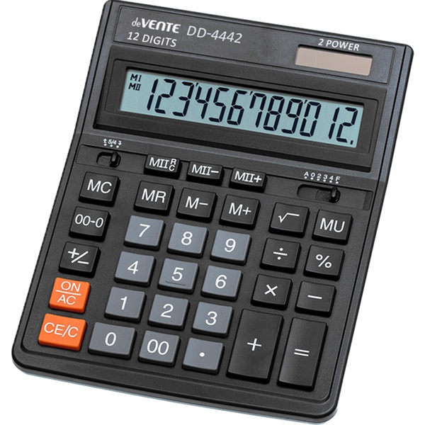 Калькулятор бухгалтерский deVENTE DD-4442, 12-разряд., 2 яч. памяти, дв. питание, 00, →, MU, черный