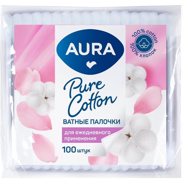 Ватные палочки 100 шт., п/э пакет, AURA Pure Cotton 20773/ 1646/ 6470