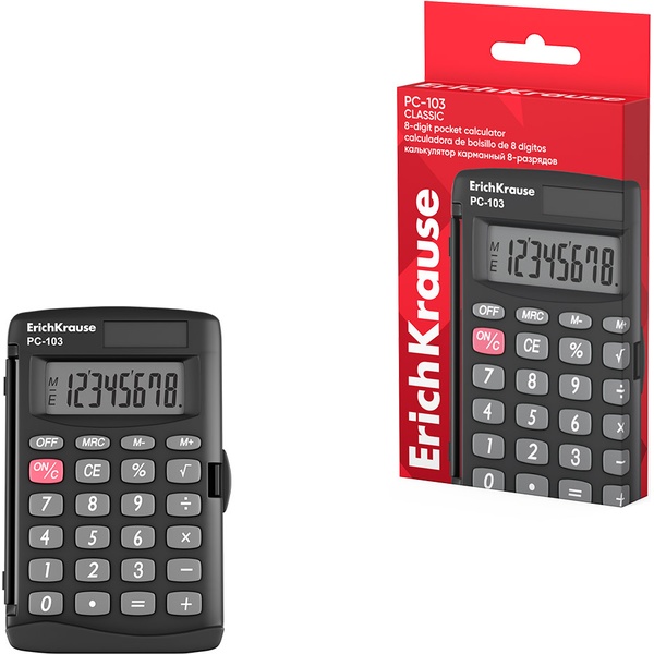 Калькулятор карманный "книжка" ErichKrause PC-103 Classic, 8-разряд., ЖК, 1 яч. пам., дв. питание, черный