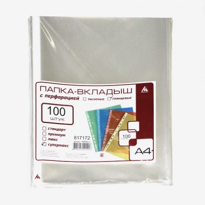 Файл-вкладыш А4+, 100 мкм, глянцевый, унив. перф., Бюрократ СуперЛюкс (100 шт.)
