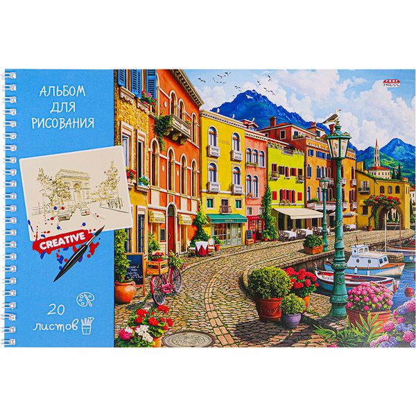 Альбом для рисования А4, 20 л., гребень, 100 г/м², обл. мел. бум., уф-лак, Prof-Press Яркая улица
