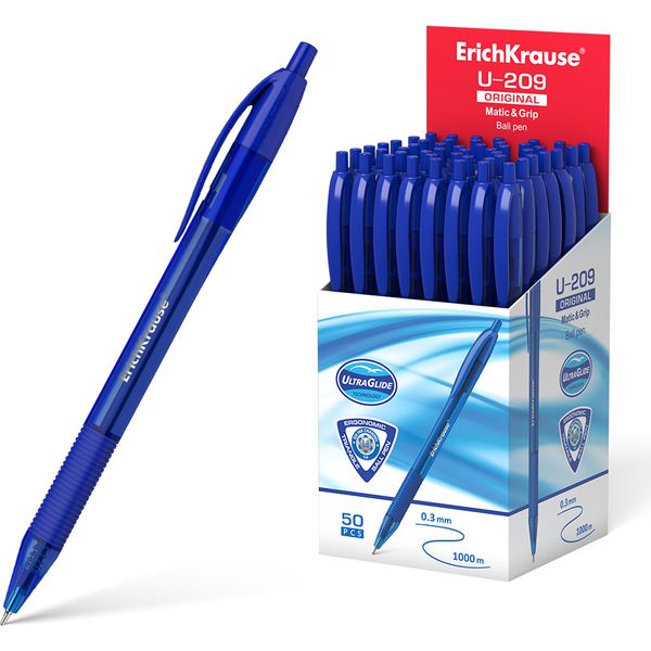 Ручка шариковая автомат., синяя, 1.0 мм "игла", эрг. грип, ErichKrause U-209 Matic&Grip Original