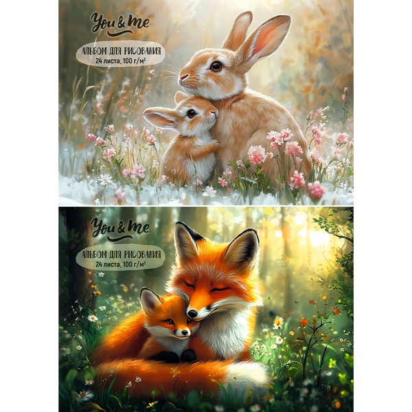 Альбом для рисования А4, 24 л., скоба, 100 г/м², офсет. обл., Profit Животные и их детки_2 дизайна