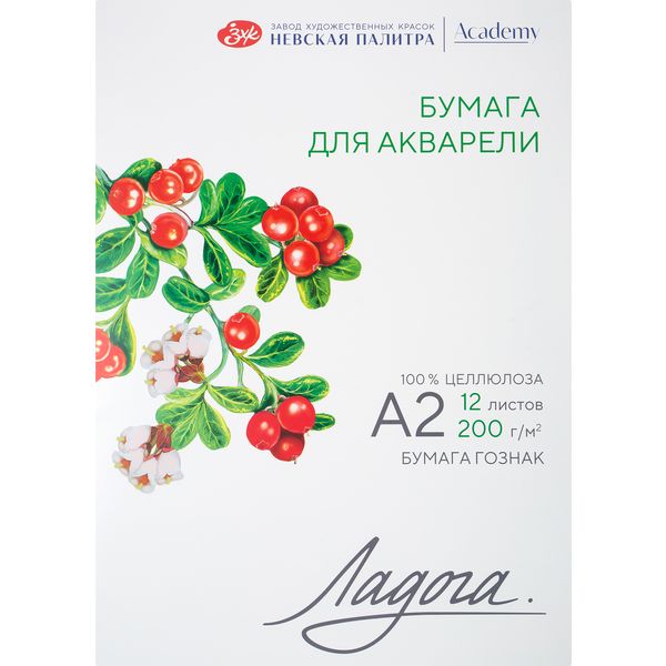 Папка для акварели, А2, 12 л., 200 г/м², цв: белый, ср. зерно, целлюлоза 100%, ЛАДОГА Папка для акварели, А2, 12 л., 200 г/м², цв: белый, ср. зерно, целлюлоза 100%, ЛАДОГА