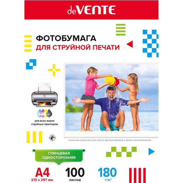 Фотобумага А4, 180 г/м² , 100 л., глянцевая, 1-ст., deVENТЕ