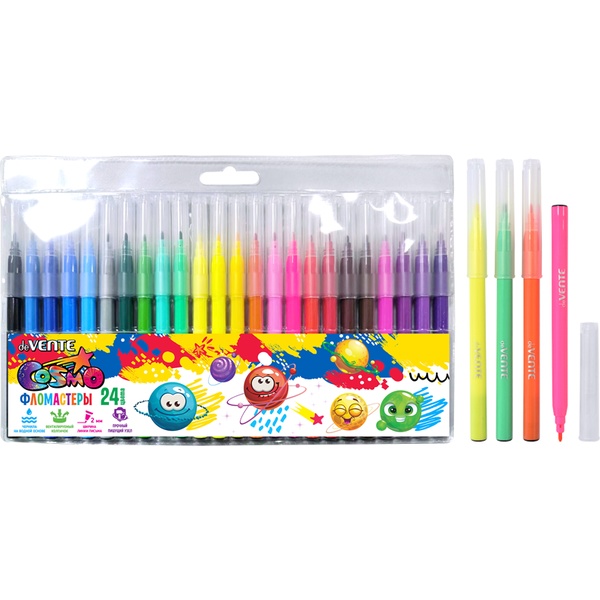 Фломастеры 24 цвета, чернила в/о, пр. вент. колпачок, круг. корп., ШЛ 2 мм, deVENTE Cosmo (пвх)