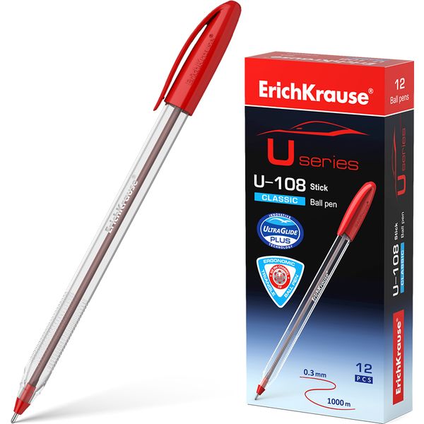 Ручка шариковая красная, 1.0 мм "игла", рифл. грип, ErichKrause U-108 Stick Classic