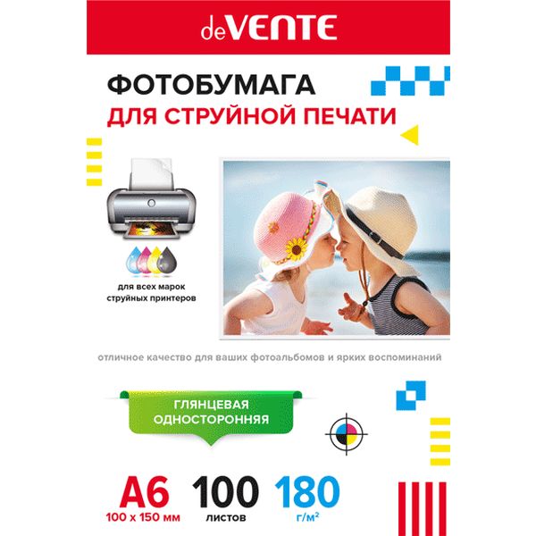 Фотобумага А6, 180 г/м² , 100 л., глянцевая, 1-ст., deVENТЕ