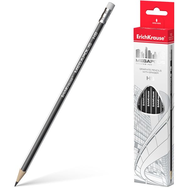 Карандаш чернографитный с ластиком, HB, деревянный, трехгранный, черный, ErichKrause Megapolis Карандаш чернографитный с ластиком, HB, деревянный, трехгранный, черный, ErichKrause Megapolis