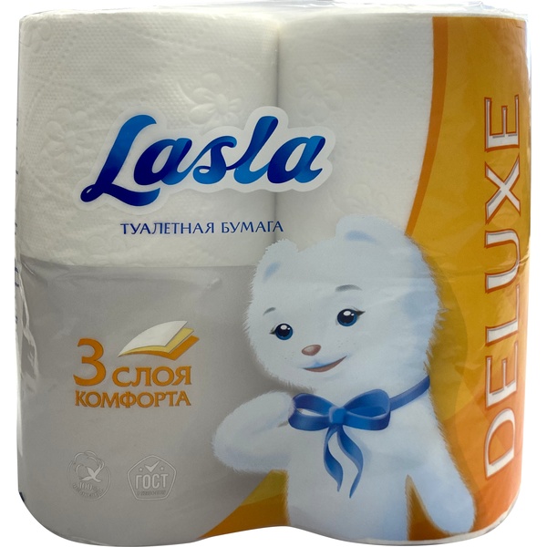 Бумага туалетная на втулке, 3-сл., 15 м* 95 мм, перфор., тисн., белая, Lasla Delux (4 шт.)