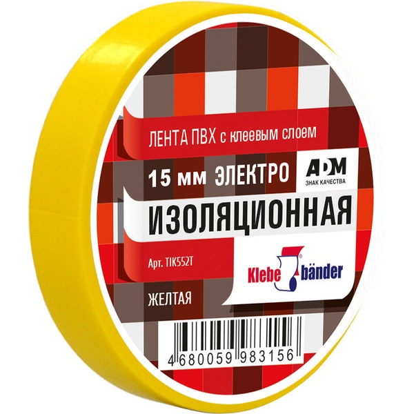 Лента изоляционная ПВХ, 15 мм * 10 м, 130 мкм, Uпр 4000 В, желтая, Klebebander
