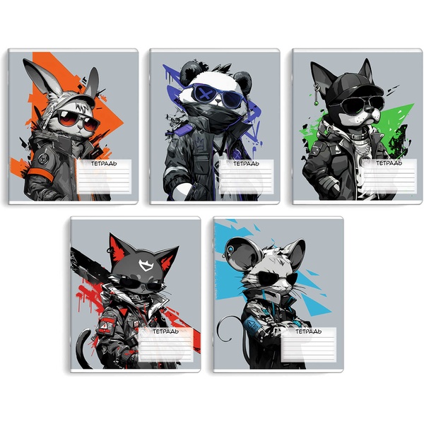 Тетрадь А5, клетка, 12 л., на скобе, 60 г/м², выб. лак, ФЕНИКС+ Крутые зверята_5 дизайнов