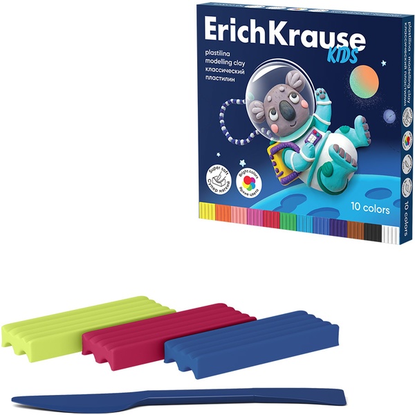 Пластилин классический ErichKrause Kids Space Animals, 10 цветов, 180 г, стек в комплекте, к/упак.