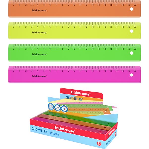 Линейка 20 см, пластиковая, непрозрачная, ассорти 4 цвета, ErichKrause Neon Акция!