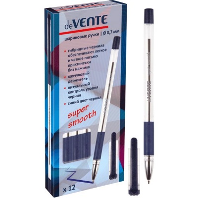 Ручка шариковая, синяя, Ø 0.7 мм, прозр. корп., эрг. грип, метал. н-к, deVENTE