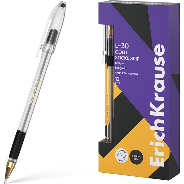 Ручка шариковая черная, 0.7 мм "игла", эрг. грип, метал. н-к, ErichKrause L-30 Gold Stick&Grip Classic