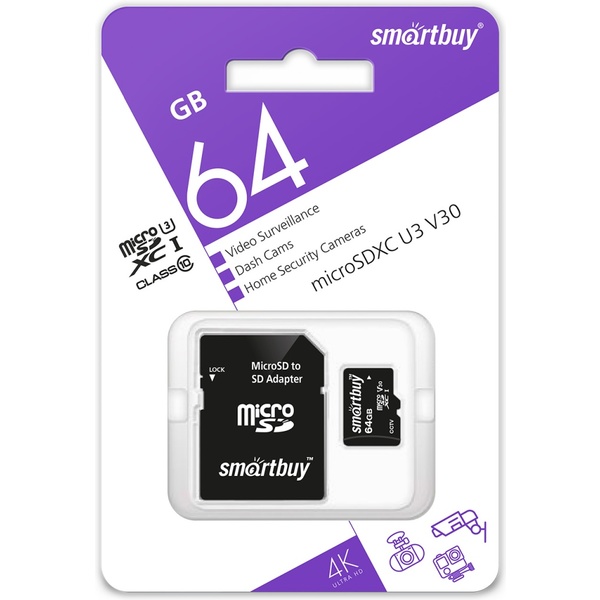 Карта памяти micro SDXC 64 Гб, UHS-1 U1 V 10 (class 10), адаптер, Smartbuy 4K Ultra HD Карта памяти micro SDXC 64 Гб, UHS-1 U1 V 10 (class 10), адаптер, Smartbuy 4K Ultra HD