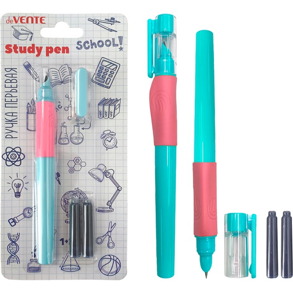Ручка перьевая F (Fine), 3 картриджа по 0.8 мл, син. чернила, эрг. грип, deVENTE Stydy Pen_бирюзовая АКЦИЯ!!!