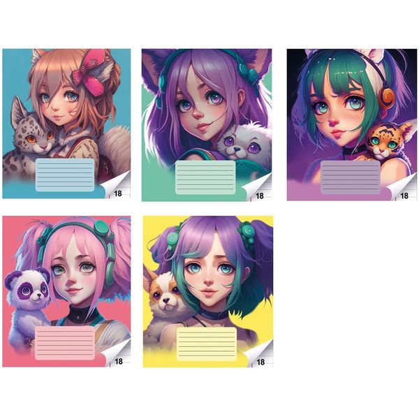 Тетрадь А5, линия, 18 л., на скобе, 65 г/м², мел. бумага, вд-лак, CENTRUM Animal girls Аниме_5 дизайна