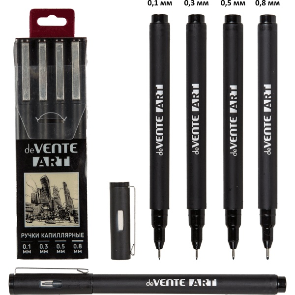 Ручки капиллярные (линеры), набор 4 шт./черные, лин. 0.1 мм - 0.8 мм, круг. корп., deVENTE Art