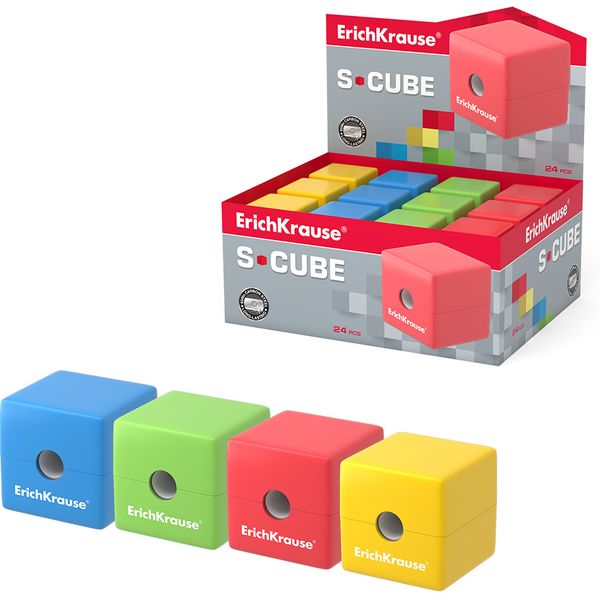 Точилка пластиковая, 1 отв., контейнер, ErichKrause S-Cube_4 дизайна