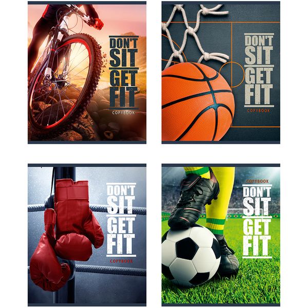 Тетрадь А5, клетка, 96 л., на скобе, 60 г/м² (72%), мел. бумага, Remix Полюби спорт_4 дизайна