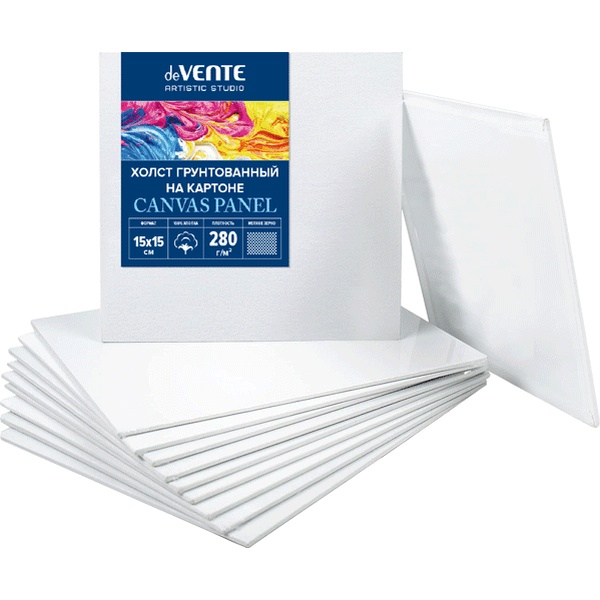 Холст на картоне грунтованный, 15*15 см, 100% хлопок, м/зерно, 280 г/м2, deVENTE Artistic Studio Холст на картоне грунтованный, 15*15 см, 100% хлопок, м/зерно, 280 г/м2, deVENTE Artistic Studio
