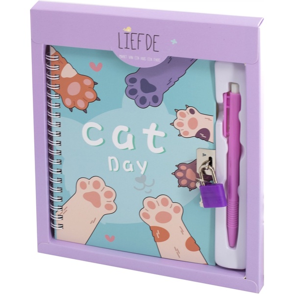 Блокнот с замочком + авторучка в подар. упак. (А5, 45 л., линия, 7БЦ, гребень) Alingar Лапки/ Сиреневый